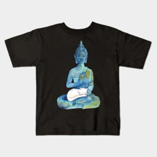 Watercolor Meditating Zen Buddha Statue with Sleepy Cat Kids T-Shirt